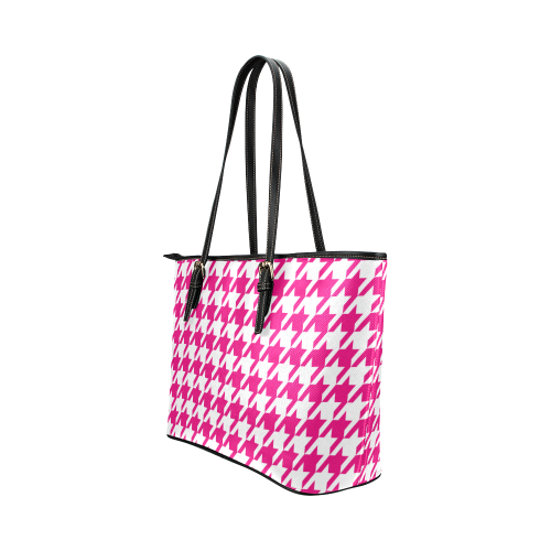 hot pink  and white houndstooth classic pattern Leather Tote Bag/Small (Model 1651)