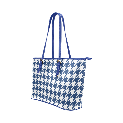 dark blue and white houndstooth classic pattern Leather Tote Bag/Large (Model 1651)