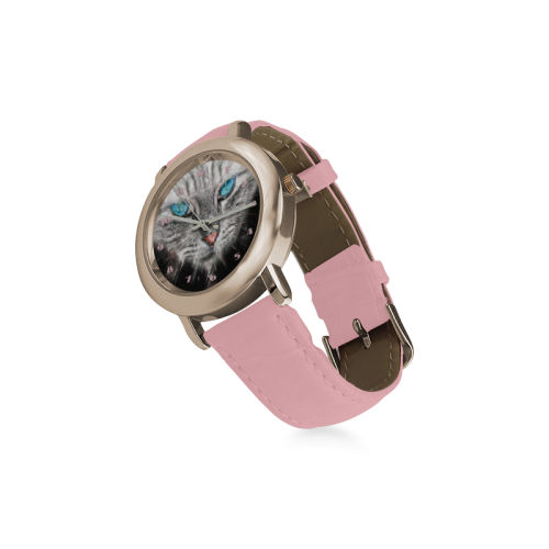 Silver Abstract Cat Face with blue Eyes Women's Rose Gold Leather Strap Watch(Model 201)