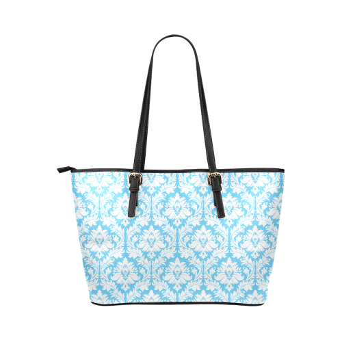 damask pattern bright blue and white Leather Tote Bag/Small (Model 1651)