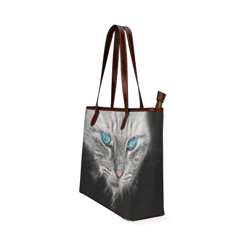 Silver Abstract Cat Face with blue Eyes Shoulder Tote Bag (Model 1646)