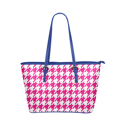 hot pink  and white houndstooth classic pattern Leather Tote Bag/Large (Model 1651)