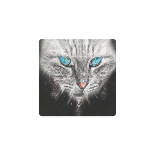 Silver Abstract Cat Face with blue Eyes Square Coaster