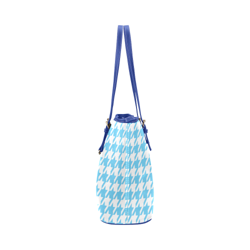 bright blue and white houndstooth classic pattern Leather Tote Bag/Large (Model 1651)
