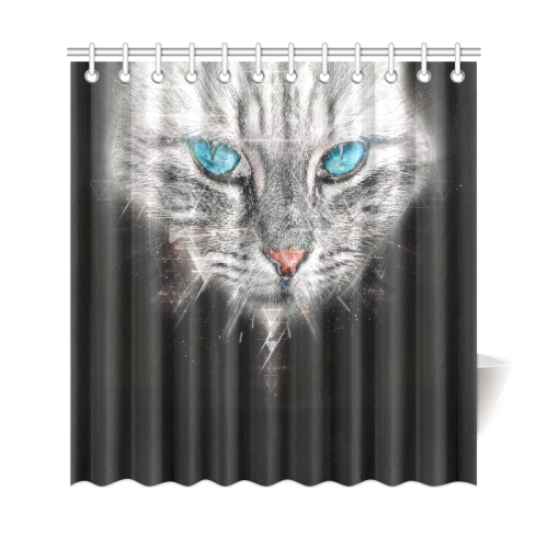 Silver Abstract Cat Face with blue Eyes Shower Curtain 69"x72"