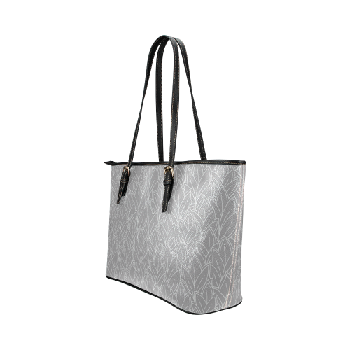 doodle leaf pattern grey & white Leather Tote Bag/Large (Model 1651)