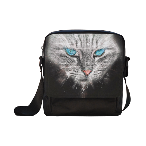Silver Abstract Cat Face with blue Eyes Crossbody Nylon Bags (Model 1633)
