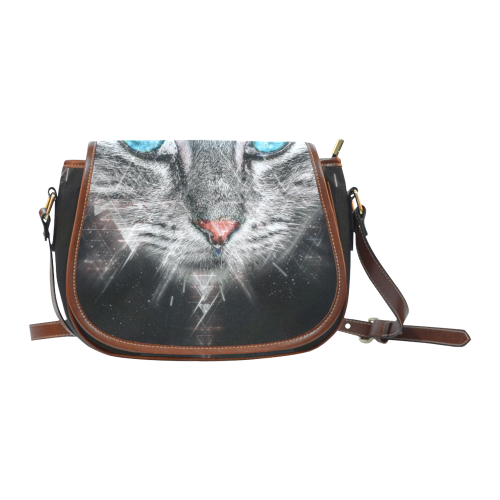 Silver Abstract Cat Face with blue Eyes Saddle Bag/Small (Model 1649) Full Customization