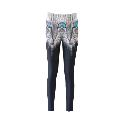 Silver Abstract Cat Face with blue Eyes Cassandra Women's Leggings (Model L01)