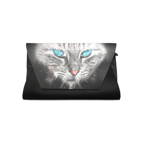 Silver Abstract Cat Face with blue Eyes Clutch Bag (Model 1630)