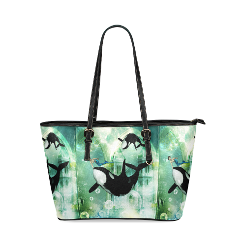 Orca with mermaid Leather Tote Bag/Large (Model 1640)
