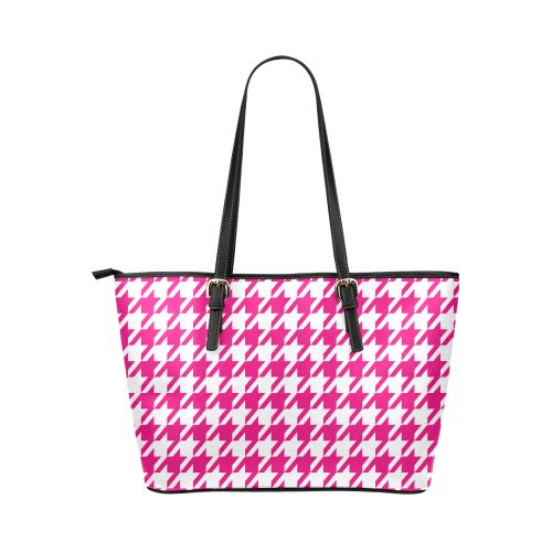 hot pink  and white houndstooth classic pattern Leather Tote Bag/Small (Model 1651)