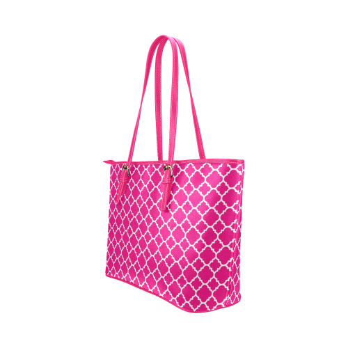 hot pink white quatrefoil classic pattern Leather Tote Bag/Large (Model 1651)