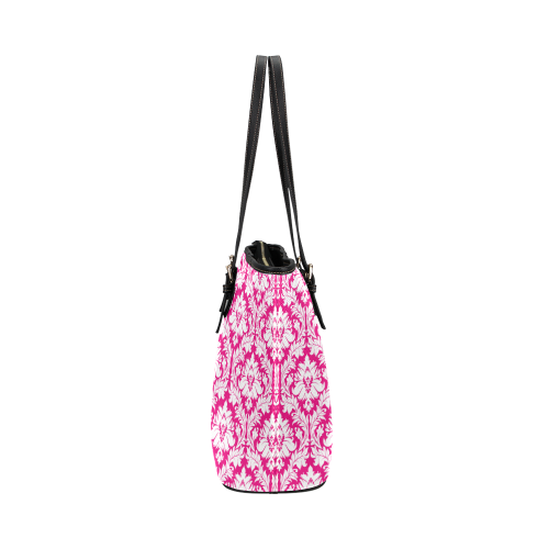 damask pattern hot pink and white Leather Tote Bag/Small (Model 1651)