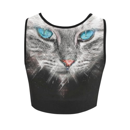 Silver Abstract Cat Face with blue Eyes Women's Crop Top (Model T42)