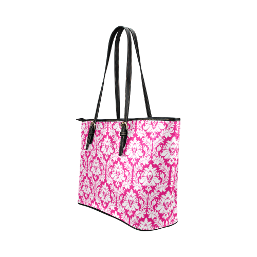 damask pattern hot pink and white Leather Tote Bag/Small (Model 1651)