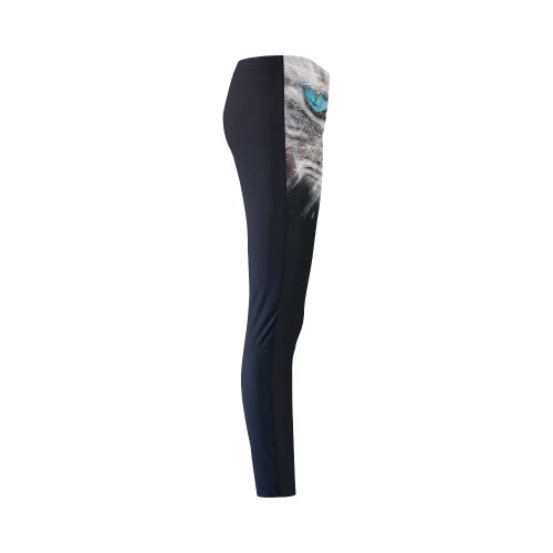 Silver Abstract Cat Face with blue Eyes Cassandra Women's Leggings (Model L01)