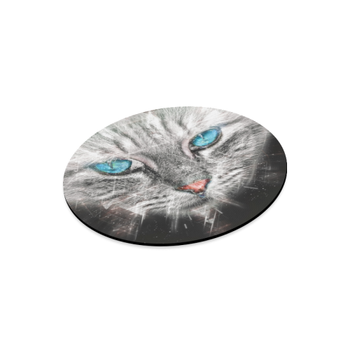 Silver Abstract Cat Face with blue Eyes Round Mousepad