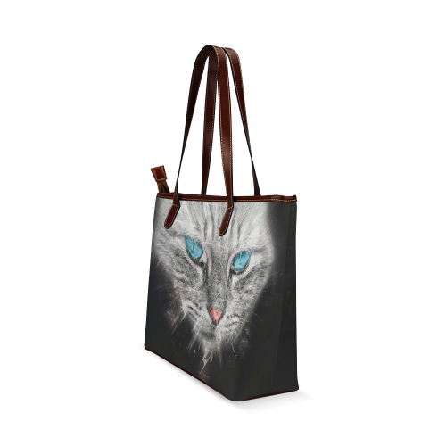 Silver Abstract Cat Face with blue Eyes Shoulder Tote Bag (Model 1646)