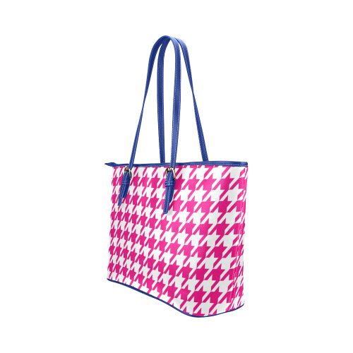 hot pink  and white houndstooth classic pattern Leather Tote Bag/Large (Model 1651)