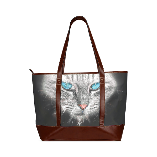 Silver Abstract Cat Face with blue Eyes Tote Handbag (Model 1642)