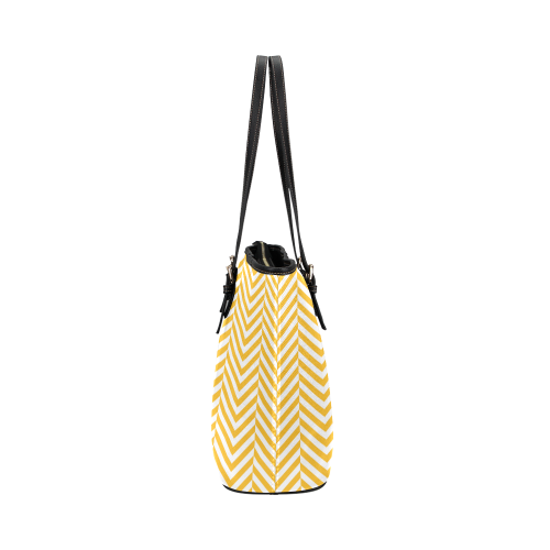 sunny yellow and white classic chevron pattern Leather Tote Bag/Small (Model 1651)