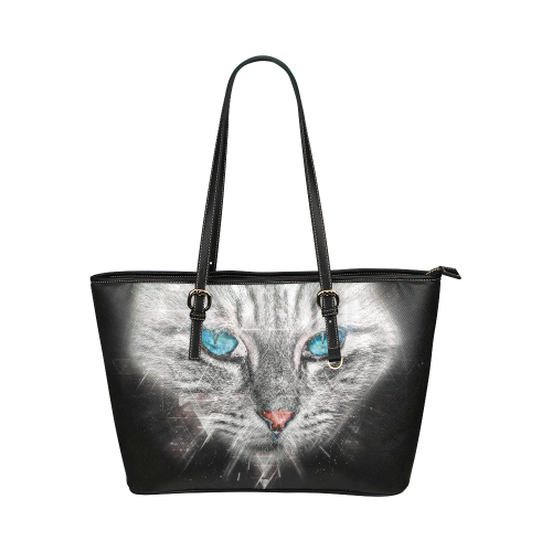 Silver Abstract Cat Face with blue Eyes Leather Tote Bag/Large (Model 1651)