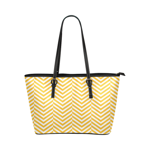 sunny yellow and white classic chevron pattern Leather Tote Bag/Small (Model 1651)