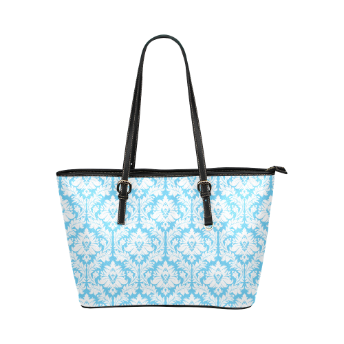 damask pattern bright blue and white Leather Tote Bag/Small (Model 1651)