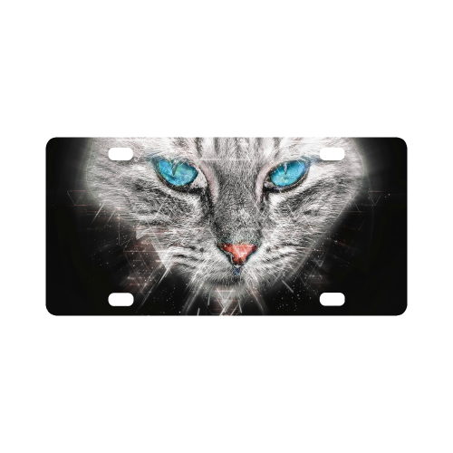 Silver Abstract Cat Face with blue Eyes Classic License Plate