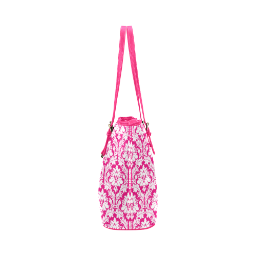 damask pattern hot pink and white Leather Tote Bag/Large (Model 1651)