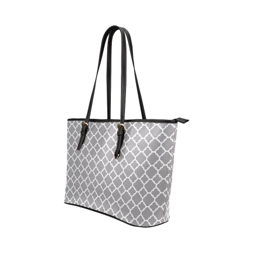 grey white quatrefoil classic pattern Leather Tote Bag/Large (Model 1651)