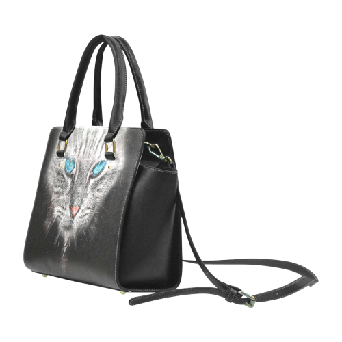 Silver Abstract Cat Face with blue Eyes Classic Shoulder Handbag (Model 1653)