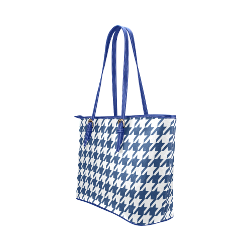 dark blue and white houndstooth classic pattern Leather Tote Bag/Large (Model 1651)