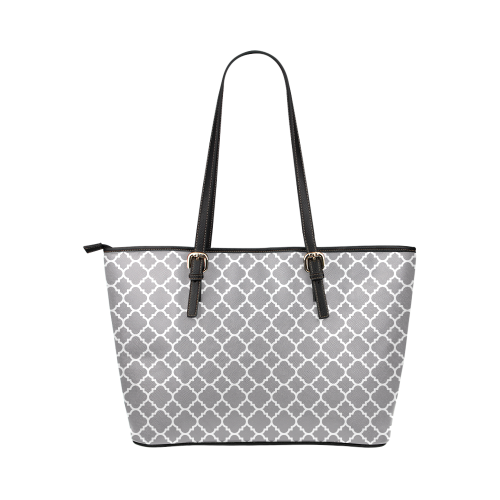 grey white quatrefoil classic pattern Leather Tote Bag/Small (Model 1651)