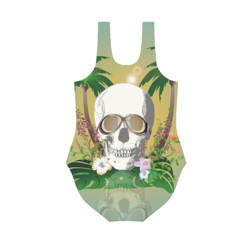 Funny skull with sunglasses Vest One Piece Swimsuit (Model S04)