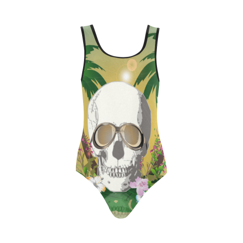 Funny skull with sunglasses Vest One Piece Swimsuit (Model S04)