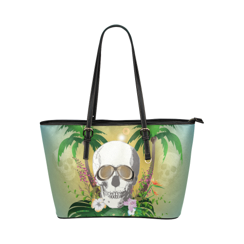 Funny skull with sunglasses Leather Tote Bag/Large (Model 1651)