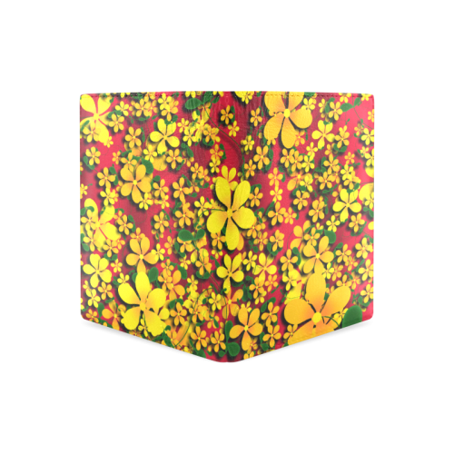 Pretty Orange & Yellow Flowers on Red Men's Leather Wallet (Model 1612)