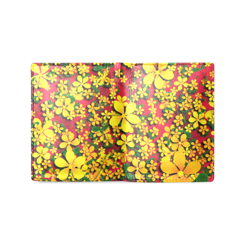 Pretty Orange & Yellow Flowers on Red Men's Leather Wallet (Model 1612)