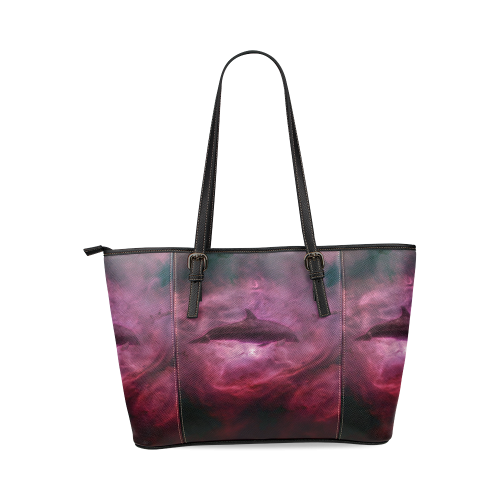 Dolphin in pink waters Leather Tote Bag/Large (Model 1640)