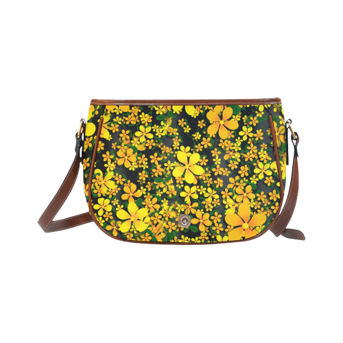 Pretty Orange & Yellow Flowers on Black Saddle Bag/Large (Model 1649)