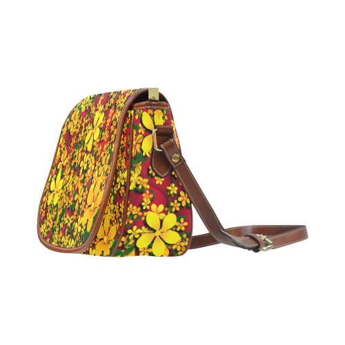 Pretty Orange & Yellow Flowers on Red Saddle Bag/Large (Model 1649)