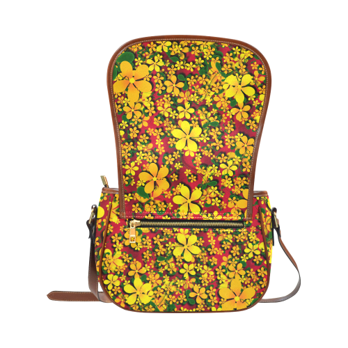 Pretty Orange & Yellow Flowers on Red Saddle Bag/Large (Model 1649)