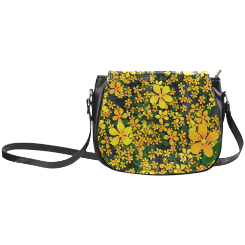 Pretty Orange & Yellow Flowers on Black Classic Saddle Bag/Large (Model 1648)