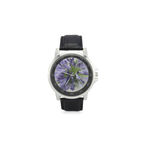 Purple Flower Unisex Stainless Steel Leather Strap Watch(Model 202)