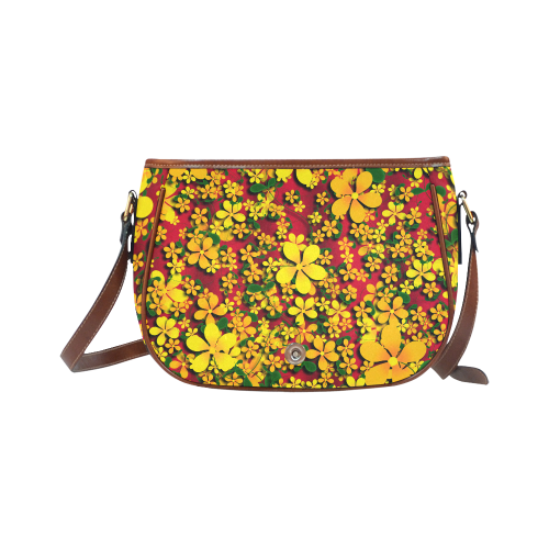 Pretty Orange & Yellow Flowers on Red Saddle Bag/Large (Model 1649)