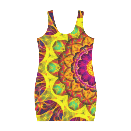 Bright yellow, pink, orange green hippie mandala Medea Vest Dress (Model D06)