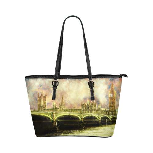 Abstract Golden Westminster Bridge in London Leather Tote Bag/Large (Model 1651)