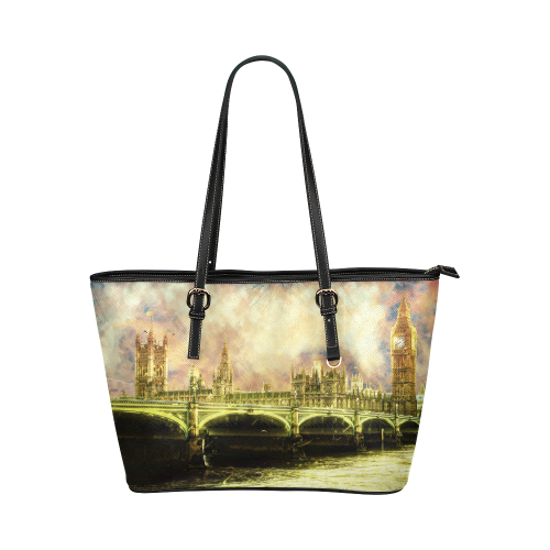 Abstract Golden Westminster Bridge in London Leather Tote Bag/Small (Model 1651)